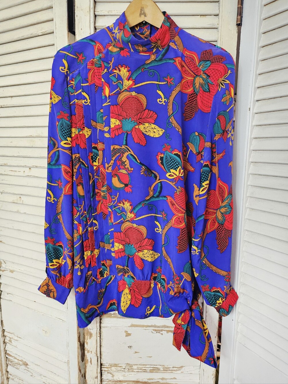 Vintage 80s Robert Haik 100% Silk Floral Pleated Blouse Royal Blue/Purple 38/Sm